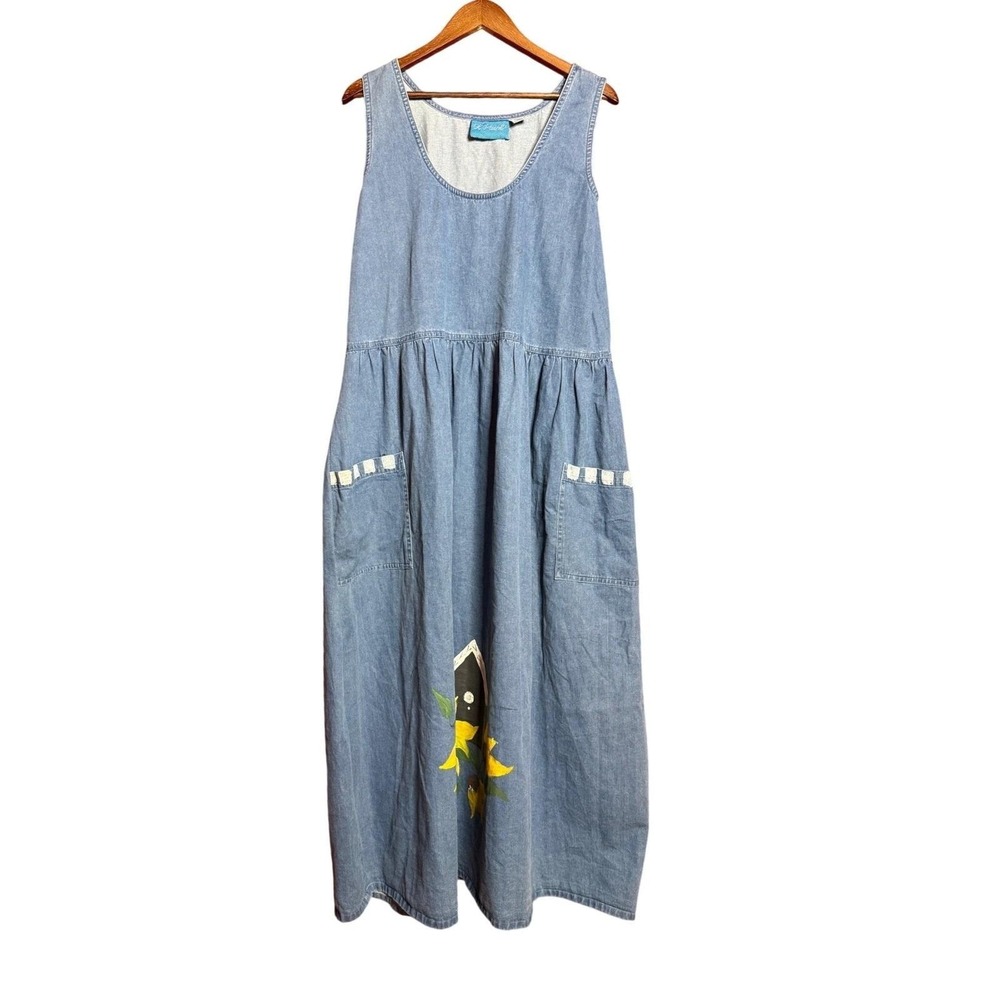 VTG Ol'Paint Women 3X Denim Sunflower Maxi Dress Blue Sleeveless Pockets Prairie